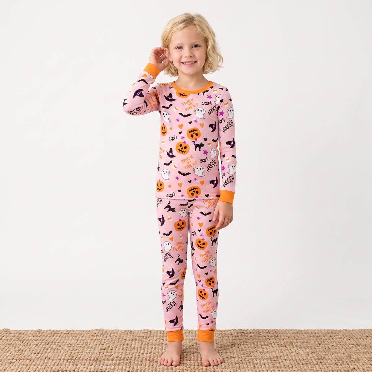 NIPAXO Halloween Girls Pajamas Set Pumpkin & Ghost Graphic Long Sleeve Cotton Sleepwear for Kids