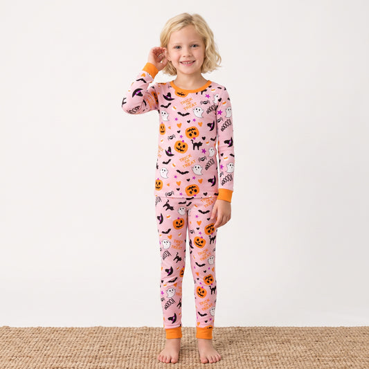 NIPAXO Halloween Girls Pajamas Set Pumpkin & Ghost Graphic Long Sleeve Cotton Sleepwear for Kids