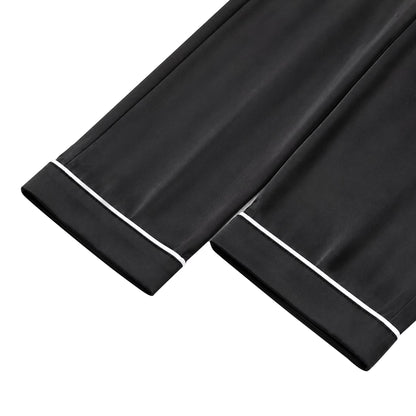 NIPAXO Girls Pajamas Set Short Sleeve Button-Down Solid Black Piping Long Pants Sleepwear Satin for Kids