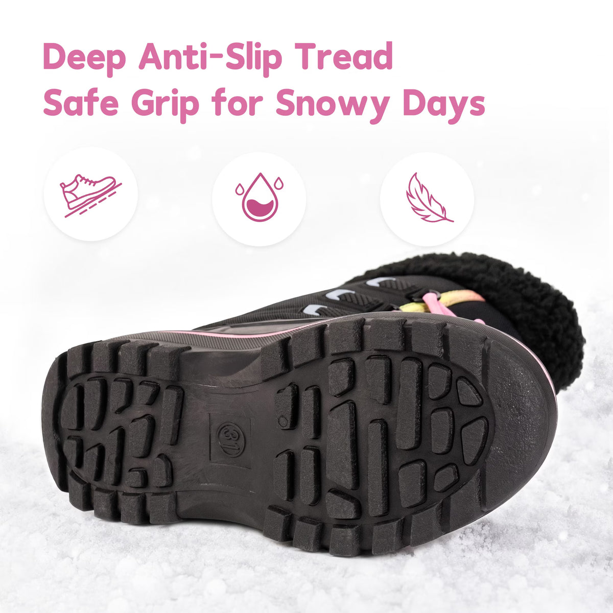 NIPAXO Girls Snow Boots Waterproof Winter Boots Black Rainbow Trim Faux Fur Cuff Slip Resistant Outdoor Winter Boots for Kids