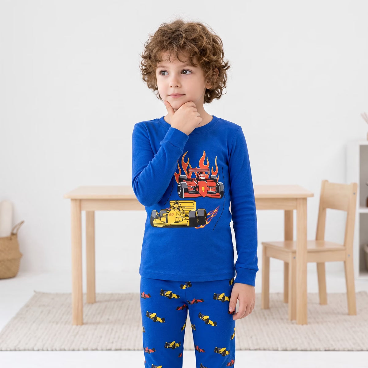 NIPAXO Toddler Boys Pajamas Set Long Sleeve Vibrant Blue F1 Race Car Graphic Thermal Sleepwear with Cuffs