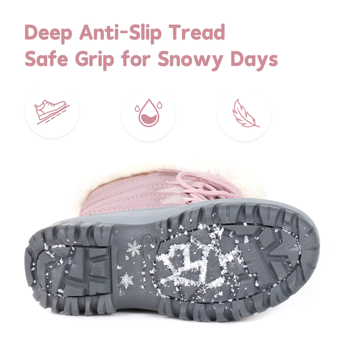 NIPAXO Girls Snow Boots Waterproof Dusty Pink and Grey White Faux Fur Collar Classic Lace-Up Winter Boots for Girls