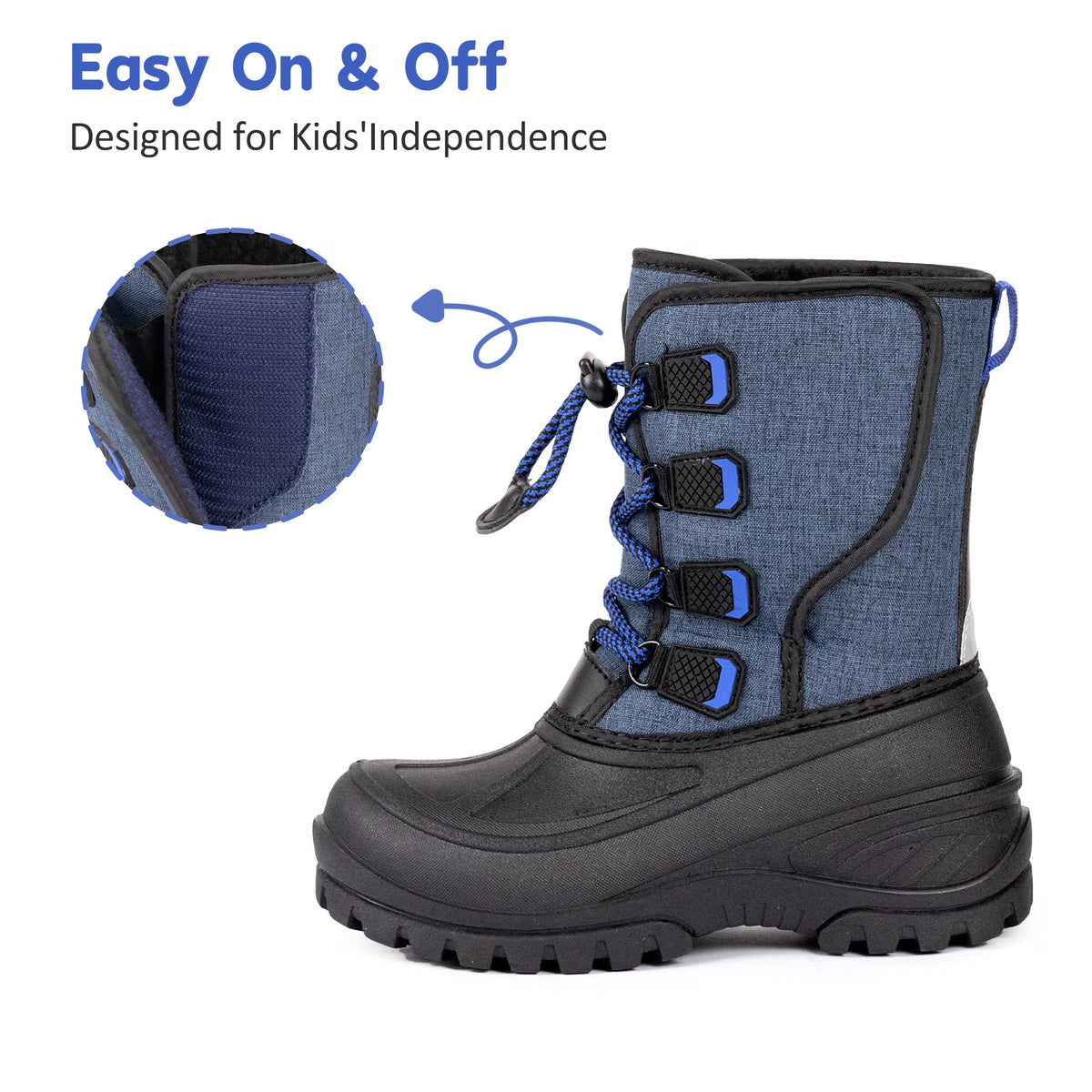 NIPAXO Kids Snow Boots Waterproof Winter Boots Blue Textured Fabric Upper Bungee Lacing Slip Resistant Outdoor Winter Boots for Boys Girls