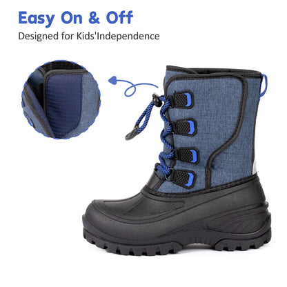 NIPAXO Kids Snow Boots Waterproof Winter Boots Blue Textured Fabric Upper Bungee Lacing Slip Resistant Outdoor Winter Boots for Boys Girls