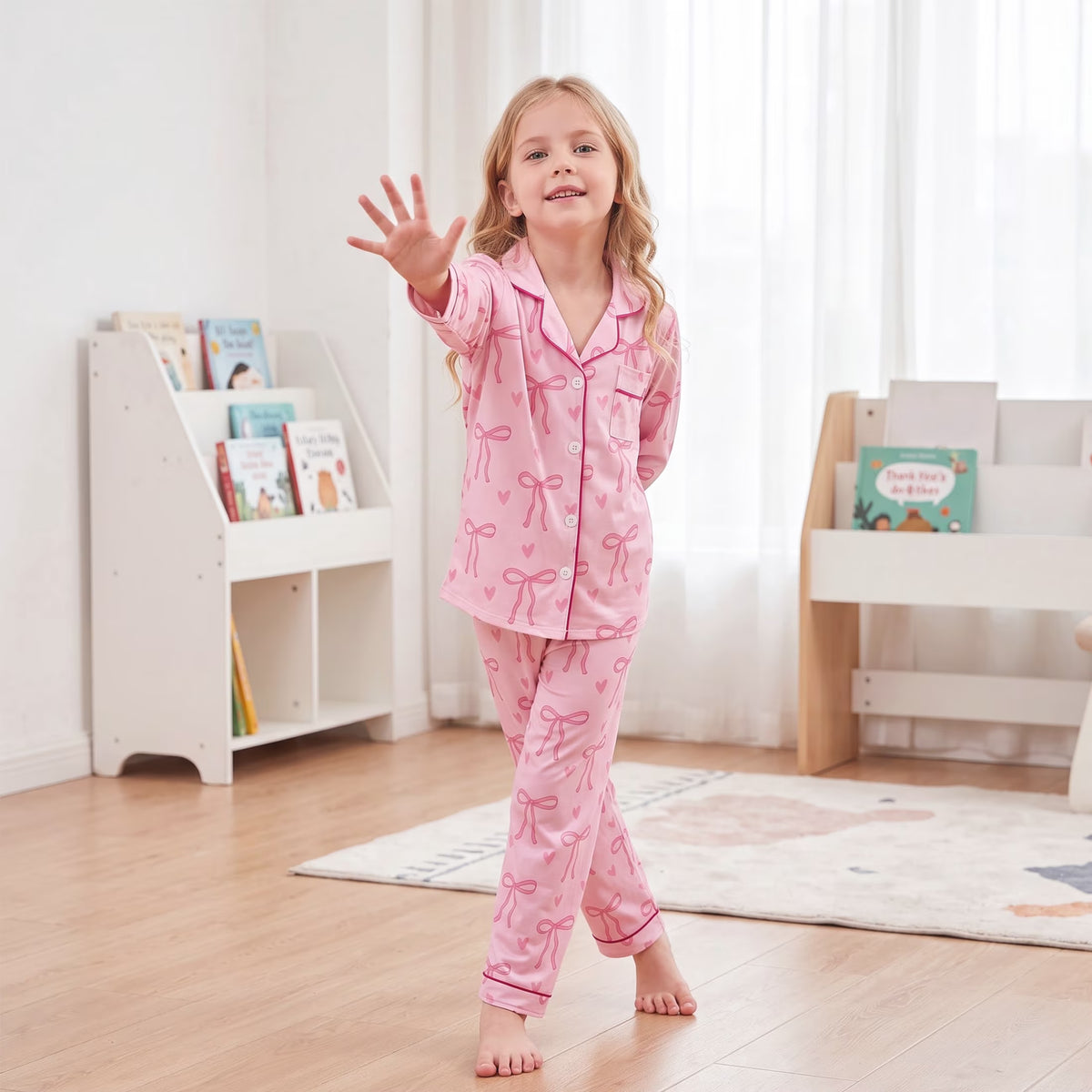 NIPAXO Girls Pajama Set Long Sleeve Button-Down Top and Pants Soft Satin Cute Pink Bows Hearts Print Loose Sleepwear