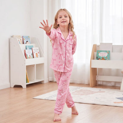 NIPAXO Girls Pajama Set Long Sleeve Button-Down Top and Pants Soft Satin Cute Pink Bows Hearts Print Loose Sleepwear