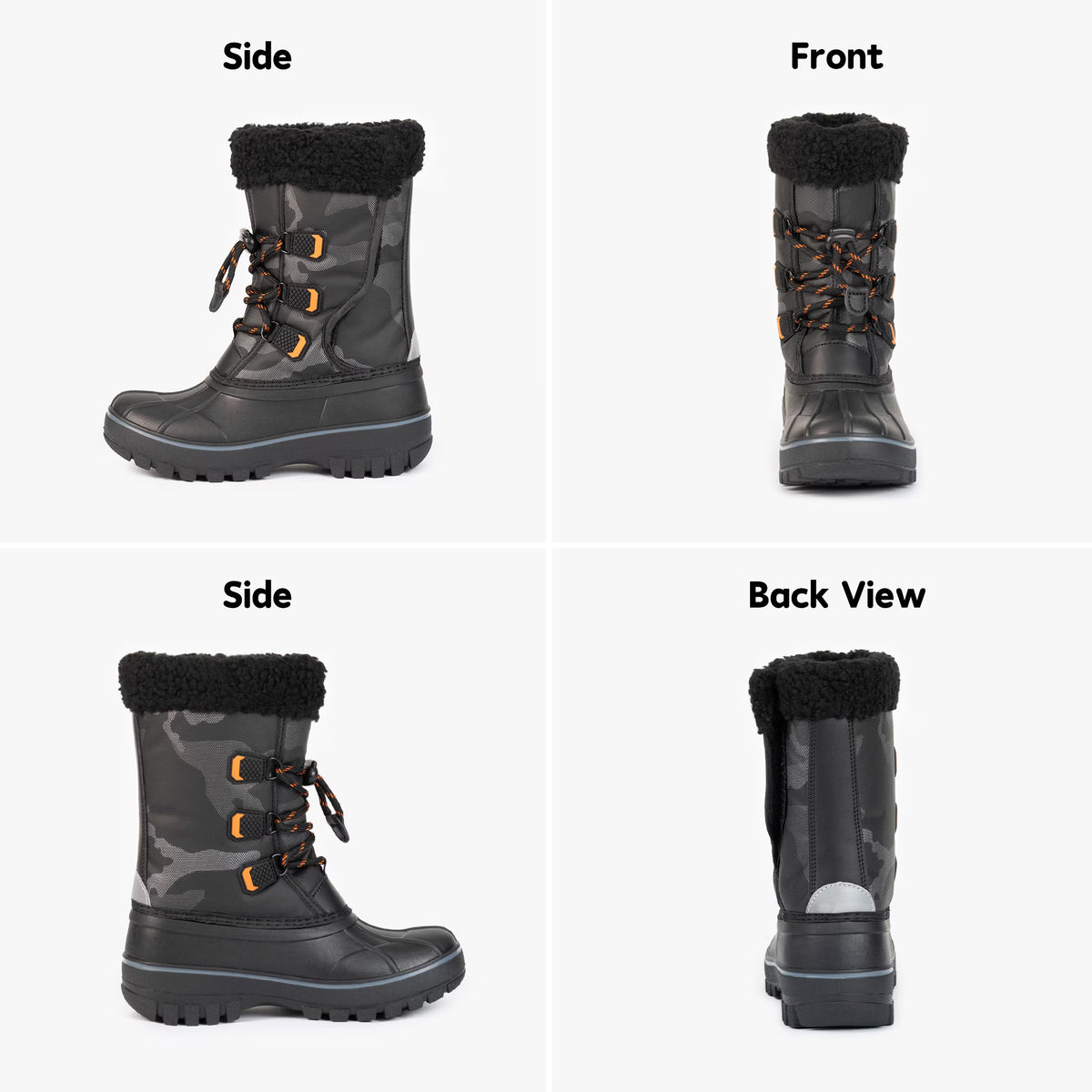 NIPAXO Kids Snow Boots Waterproof Winter Boots Black Camo Orange Accents Sherpa Collar Bungee Lacing Outdoor Cold Weather Winter Boots for Boys Girls