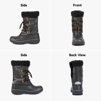 NIPAXO Kids Snow Boots Waterproof Winter Boots Black Camo Orange Accents Sherpa Collar Bungee Lacing Outdoor Cold Weather Winter Boots for Boys Girls