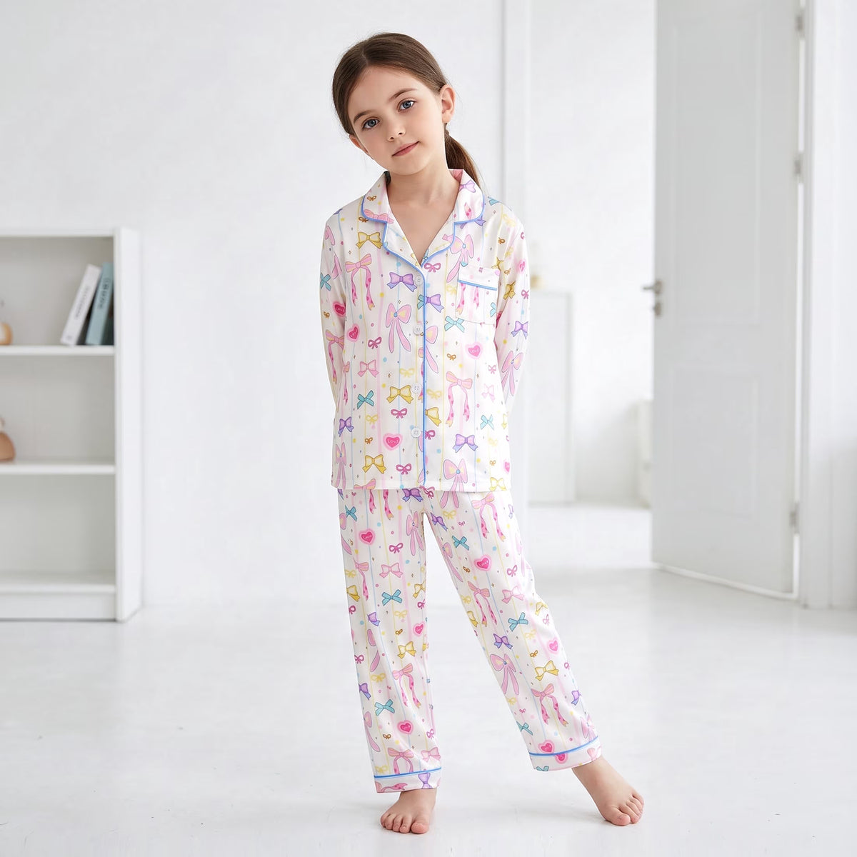 NIPAXO Girls Pajamas Set Long Sleeve Button-Down Cute Bow & Heart Print Sleepwear with Blue Piping for Toddler Little Girls