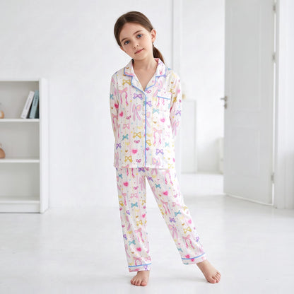 NIPAXO Girls Pajamas Set Long Sleeve Button-Down Cute Bow & Heart Print Sleepwear with Blue Piping for Toddler Little Girls