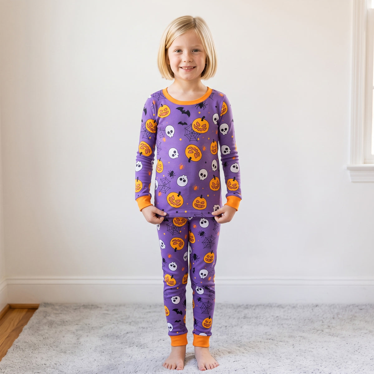 NIPAXO Halloween Girls Pajamas Set Pumpkin & Skull Graphic Long Sleeve Cotton Sleepwear for Kids