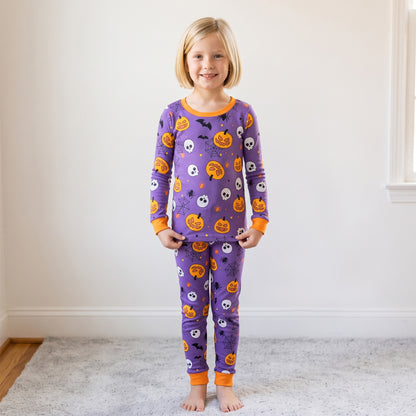 NIPAXO Halloween Girls Pajamas Set Pumpkin & Skull Graphic Long Sleeve Cotton Sleepwear for Kids