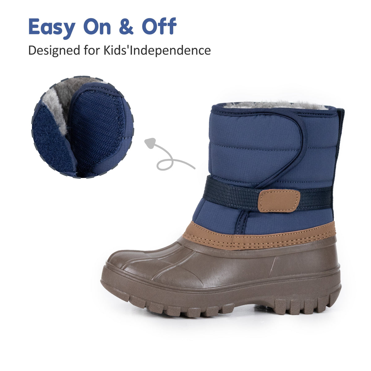 NIPAXO Kids Snow Boots Waterproof Winter Boots Blue and Brown Faux Fur Lined Hook and Loop Cold Weather Outdoor Shoes for Boys Girls