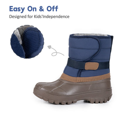 NIPAXO Kids Snow Boots Waterproof Winter Boots Blue and Brown Faux Fur Lined Hook and Loop Cold Weather Outdoor Shoes for Boys Girls