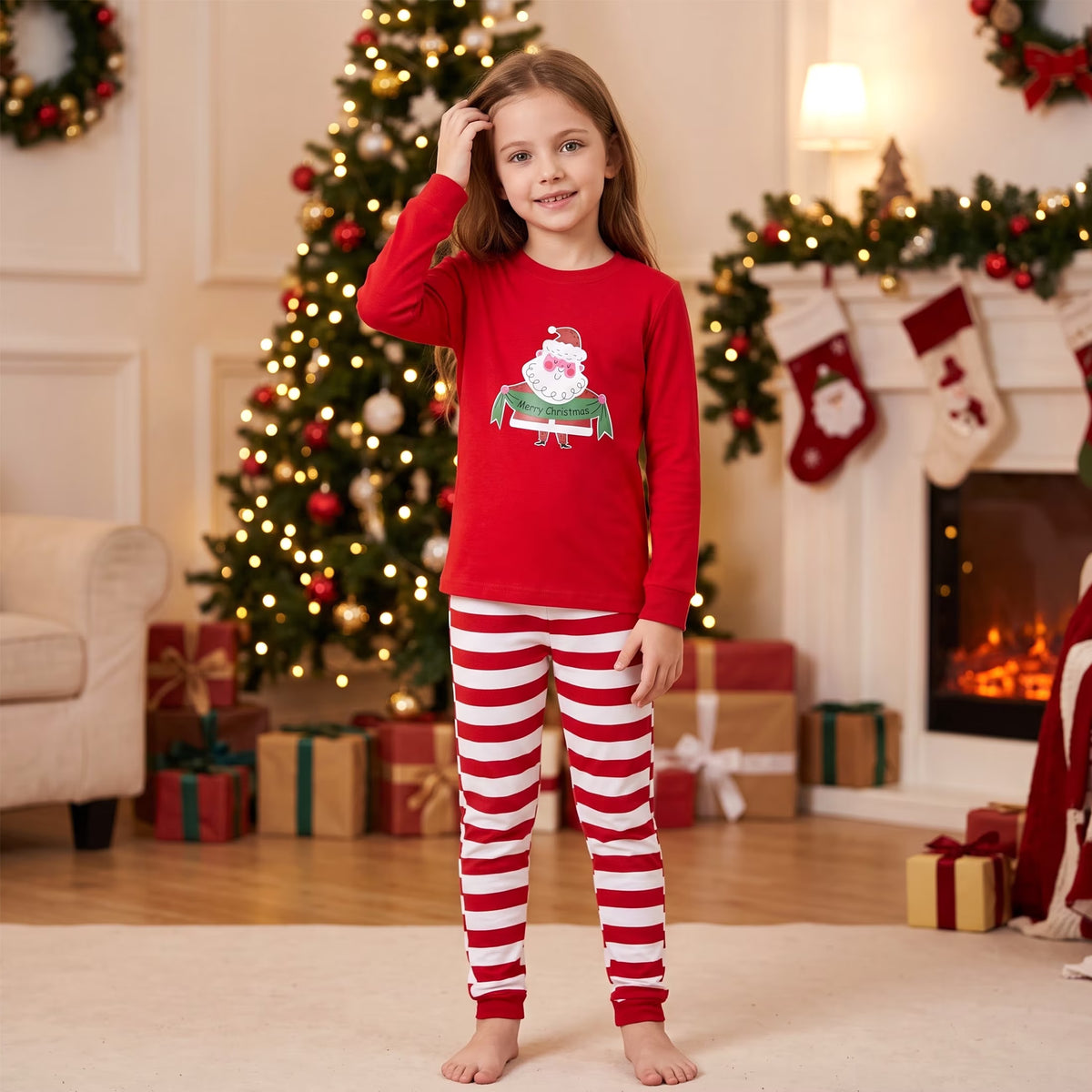 NIPAXO Kids Christmas Pajamas Set Long Sleeve Santa Graphic Top and Red White Striped Pants Holiday Sleepwear for Girls Boys
