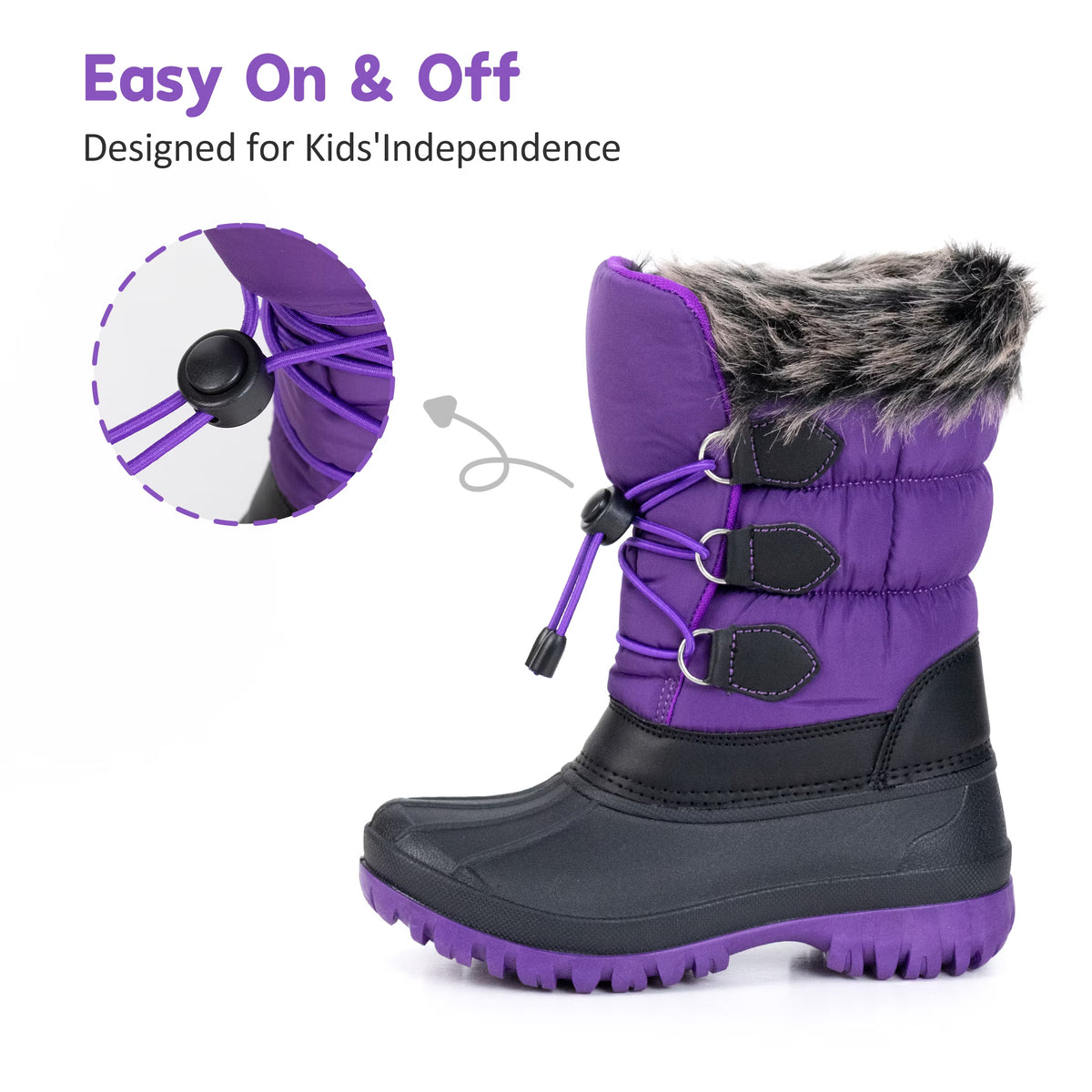 NIPAXO Kids Snow Boots Waterproof Winter Boots Purple and Black Faux Fur Cuff Bungee Lacing Cold Weather Outdoor Shoes for Boys Girls