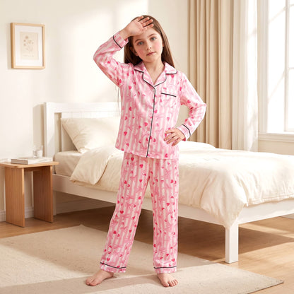 NIPAXO Girls Pajamas Set Long Sleeve Button-Down Pink Stripe Strawberry Bow Print Long Pants Satin Sleepwear for Kids