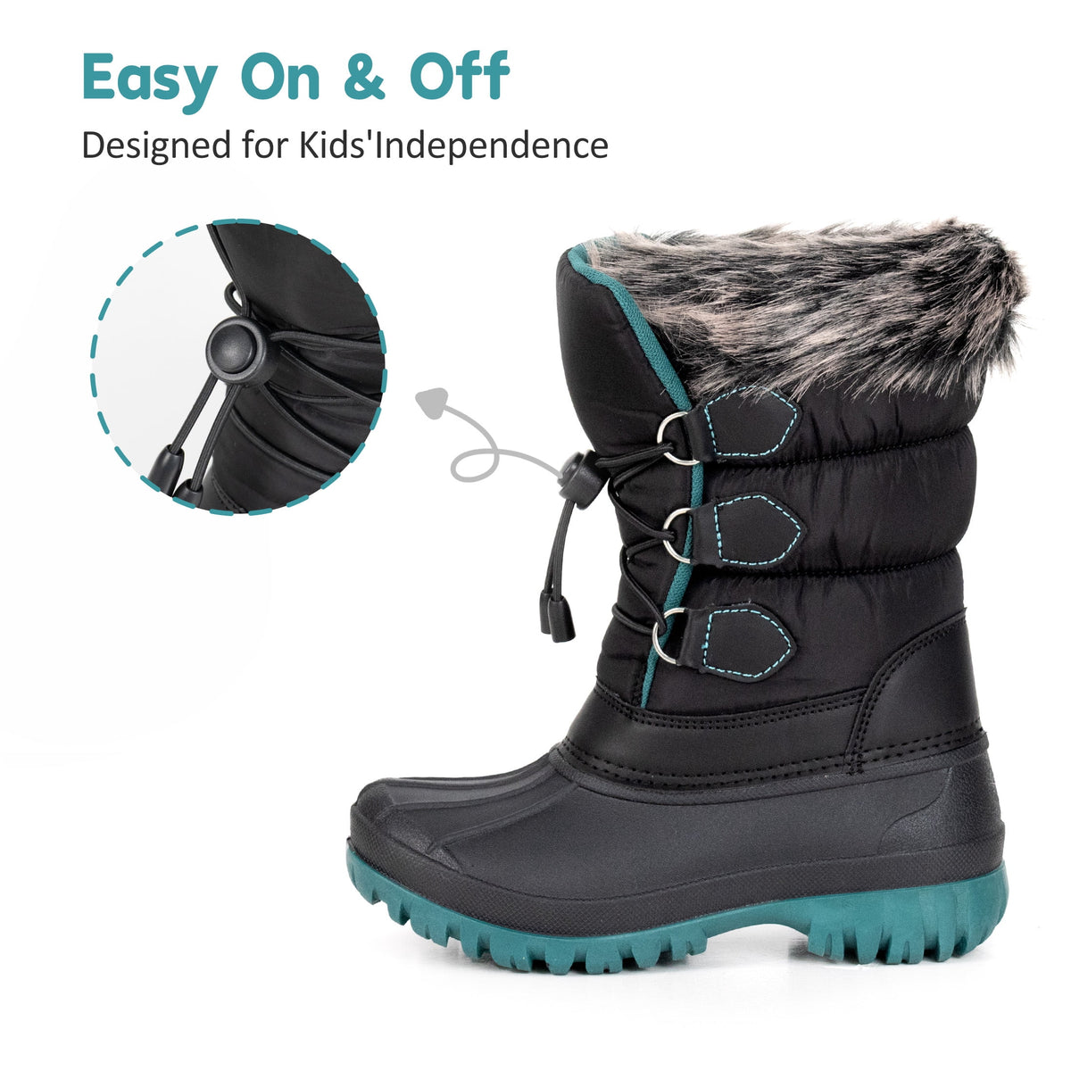 NIPAXO Kids Winter Snow Boots Black and Teal Colorblock Bungee Lacing Waterproof Outdoor Shoes for Boys Girls