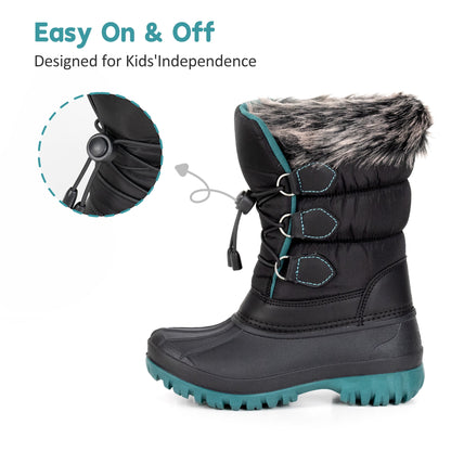 NIPAXO Kids Winter Snow Boots Black and Teal Colorblock Bungee Lacing Waterproof Outdoor Shoes for Boys Girls
