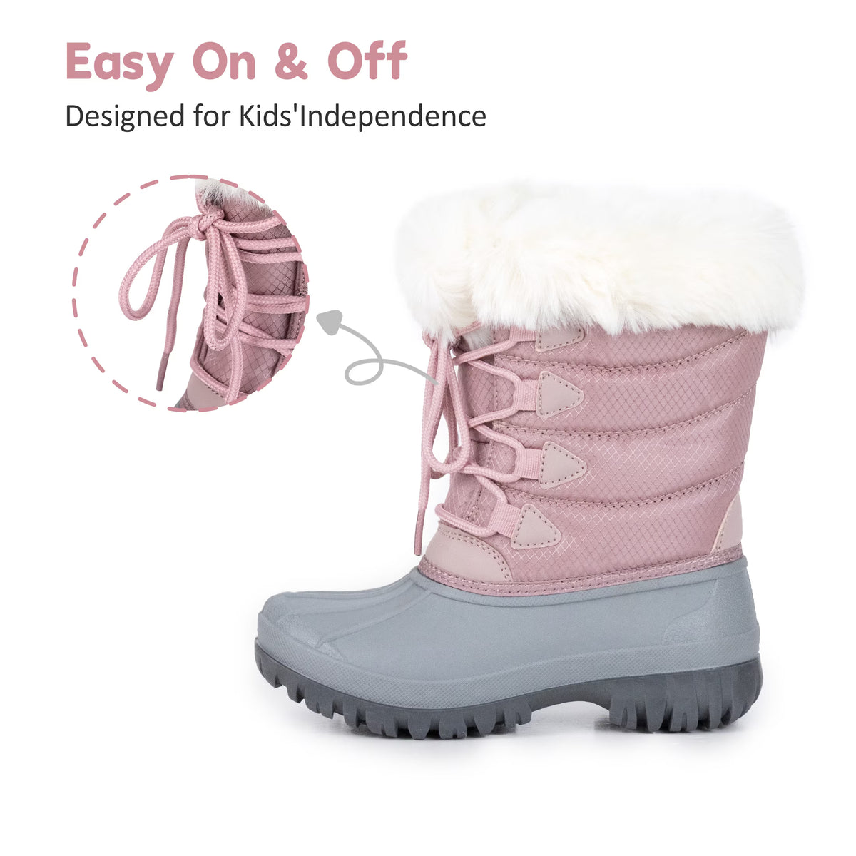NIPAXO Girls Snow Boots Waterproof Dusty Pink and Grey White Faux Fur Collar Classic Lace-Up Winter Boots for Girls