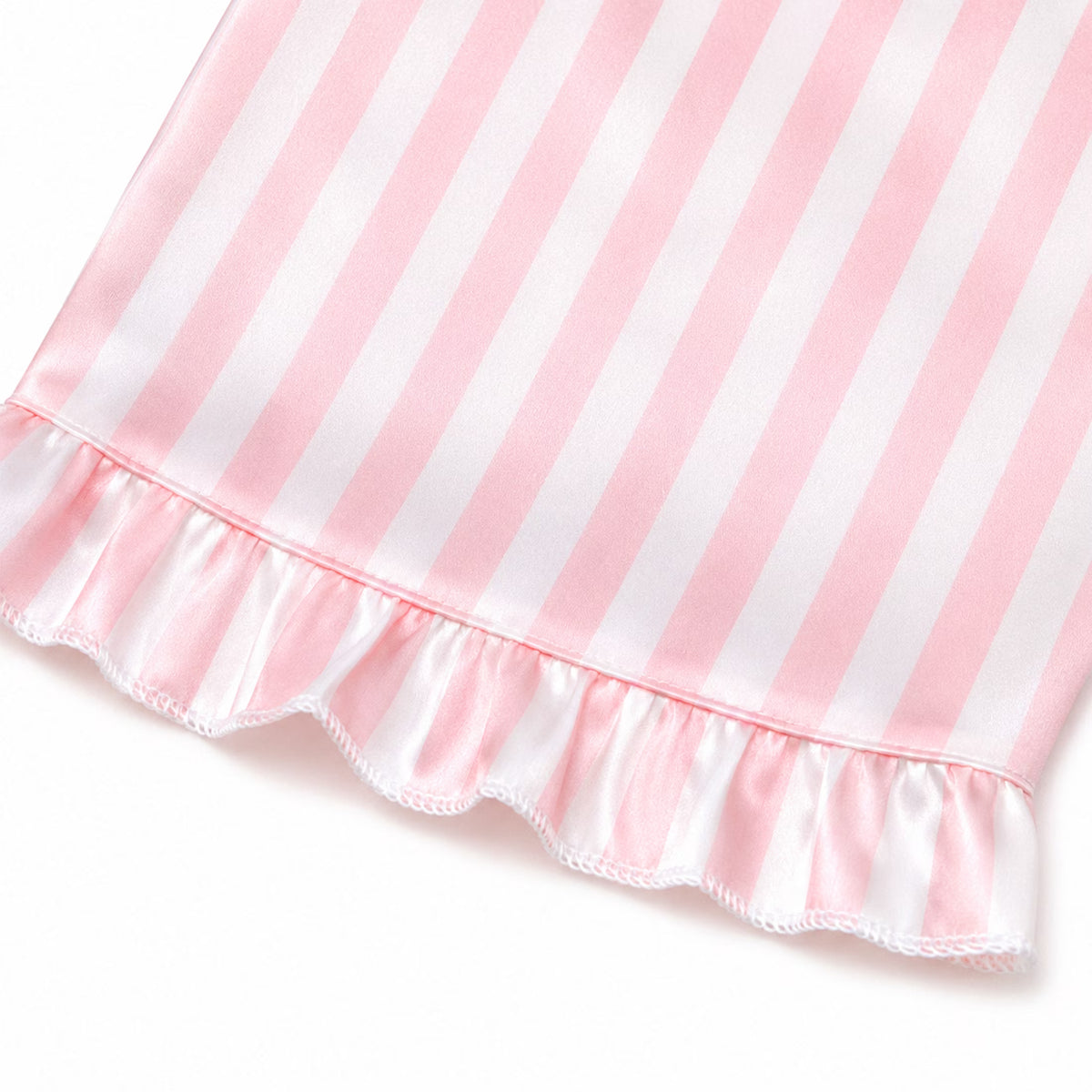 NIPAXO Girls Pajamas Set Short Sleeve Button-Down Pink White Striped Ruffle Shorts Sleepwear Satin for Kids