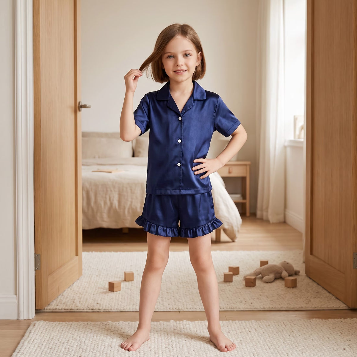 NIPAXO Girls Pajamas Set Short Sleeve Button-Down Solid Navy Blue Ruffle Shorts Satin Sleepwear for Kids