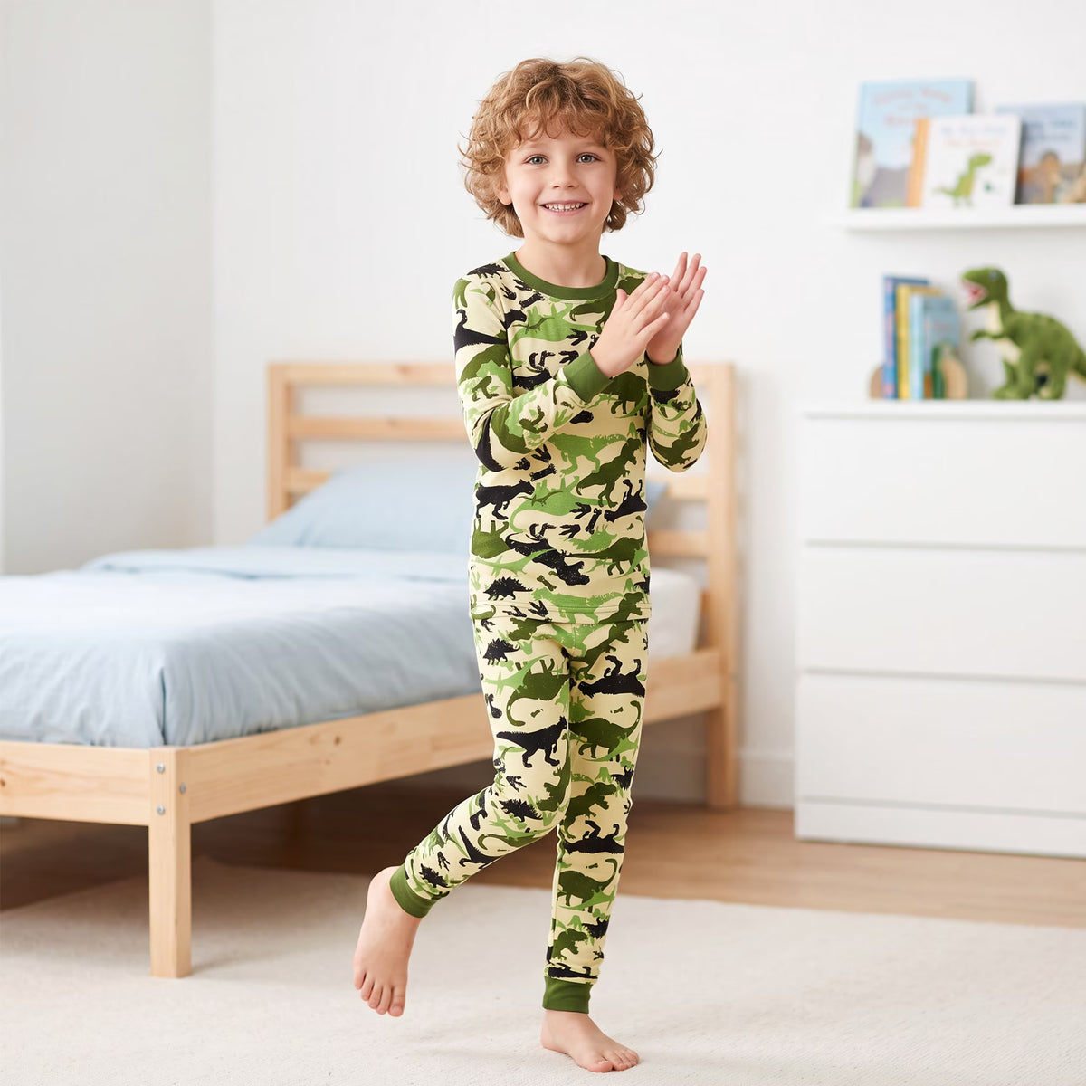 NIPAXO Boys Pajamas Set Long Sleeve Dinosaur Camo Print Thermal Top and Matching Pants Sleepwear for Kids