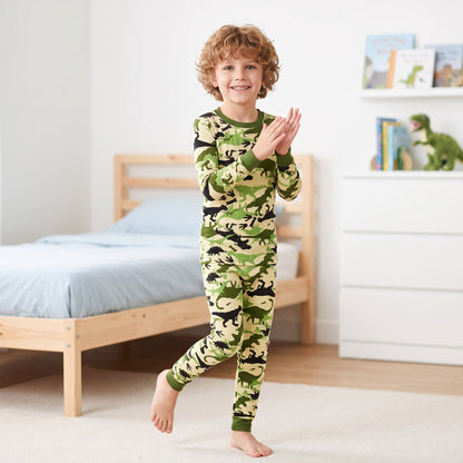 NIPAXO Boys Pajamas Set Long Sleeve Dinosaur Camo Print Thermal Top and Matching Pants Sleepwear for Kids