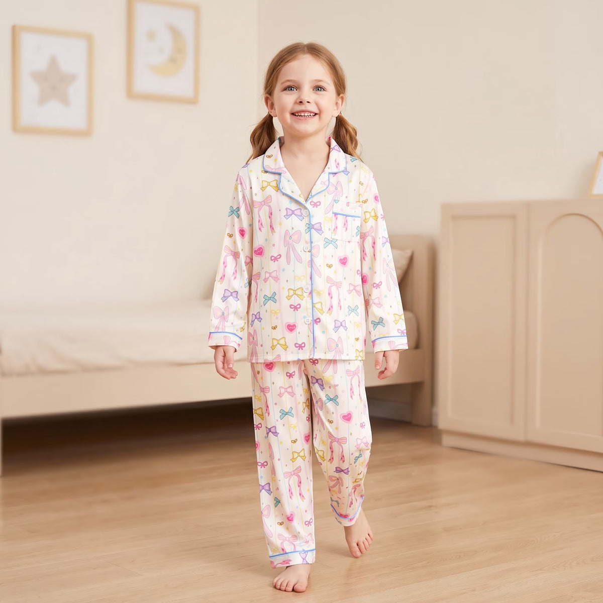 NIPAXO Girls Pajamas Set Long Sleeve Button-Down Cute Bow & Heart Print Sleepwear with Blue Piping for Toddler Little Girls