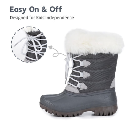 NIPAXO Kids Snow Boots Waterproof Winter Boots Grey Rubber Shell White Faux Fur Collar Classic Lace-Up Winter Boots for Boys Girls