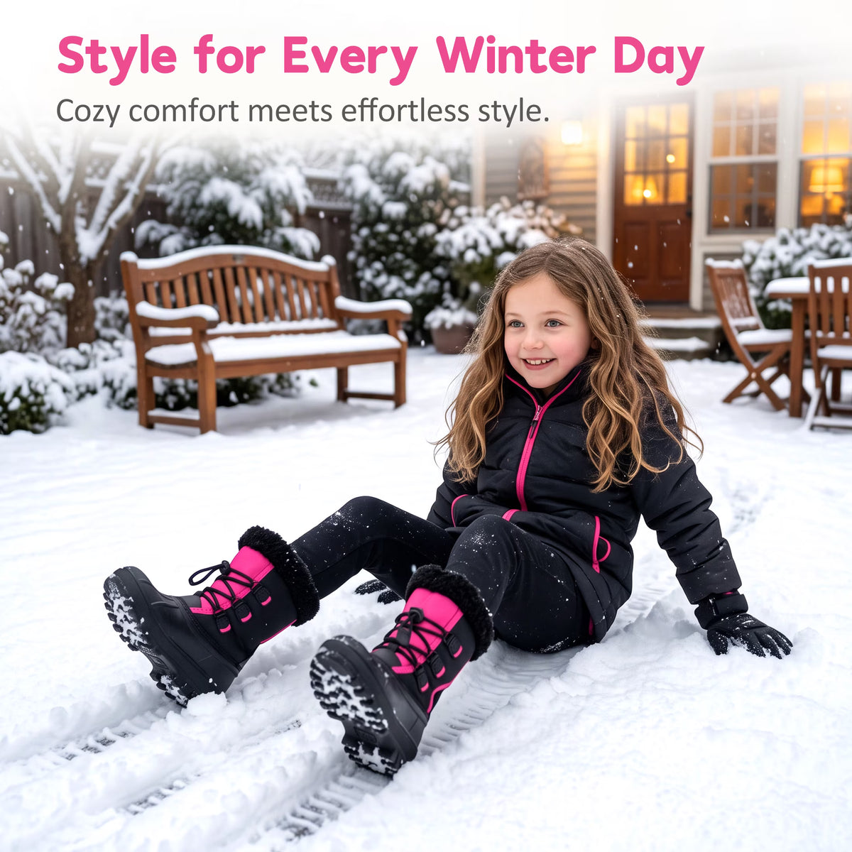 NIPAXO Girls Snow Boots Waterproof Winter Boots Black and Hot Pink Colorblock Faux Fur Trim Outdoor Winter Boots for Kids