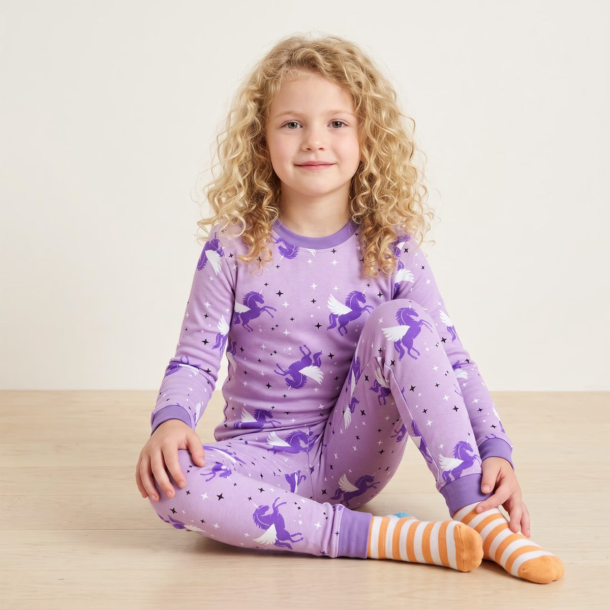 NIPAXO Girls Pajamas Set Long Sleeve Magical Unicorn Star Print Casual Sleepwear with Purple Trim for Toddler Little Girls