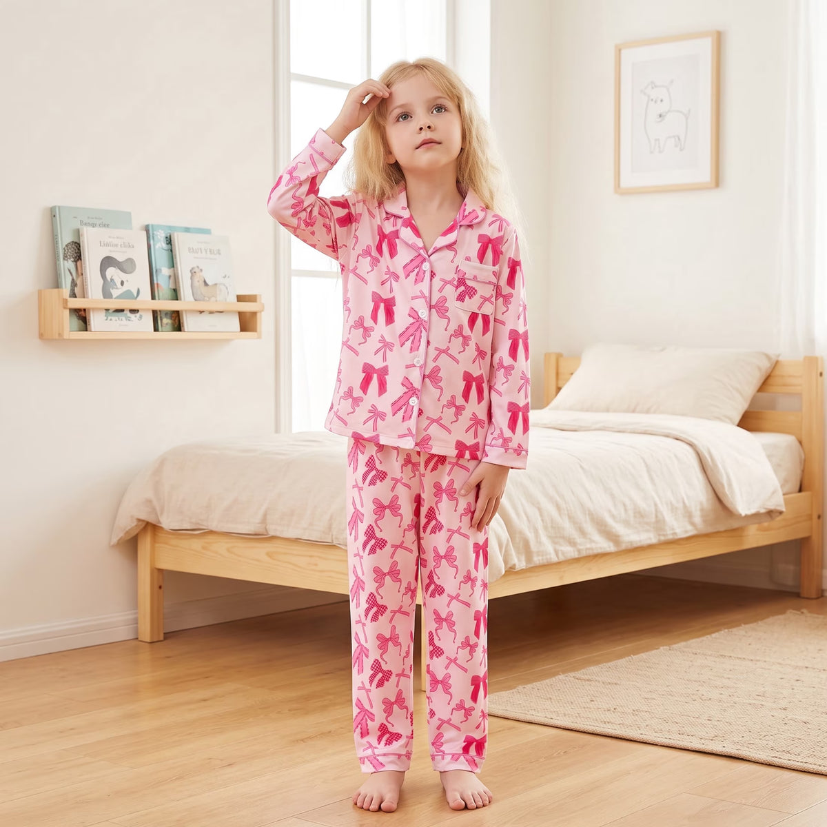 NIPAXO Girls Pajamas Set Long Sleeve Button-Down Top and Pants Silk Satin with Cute Pink Bows Print Sleepwear for Kids