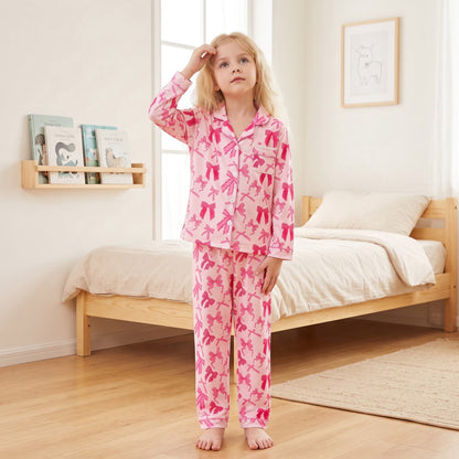 NIPAXO Girls Pajamas Set Long Sleeve Button-Down Top and Pants Silk Satin with Cute Pink Bows Print Sleepwear for Kids