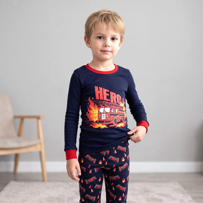 NIPAXO Toddler Boys Pajamas Set Long Sleeve "HERO" Fire Truck Graphic Thermal Firefighter Sleepwear with Red Cuffs