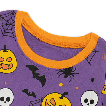 NIPAXO Halloween Girls Pajamas Set Pumpkin & Skull Graphic Long Sleeve Cotton Sleepwear for Kids