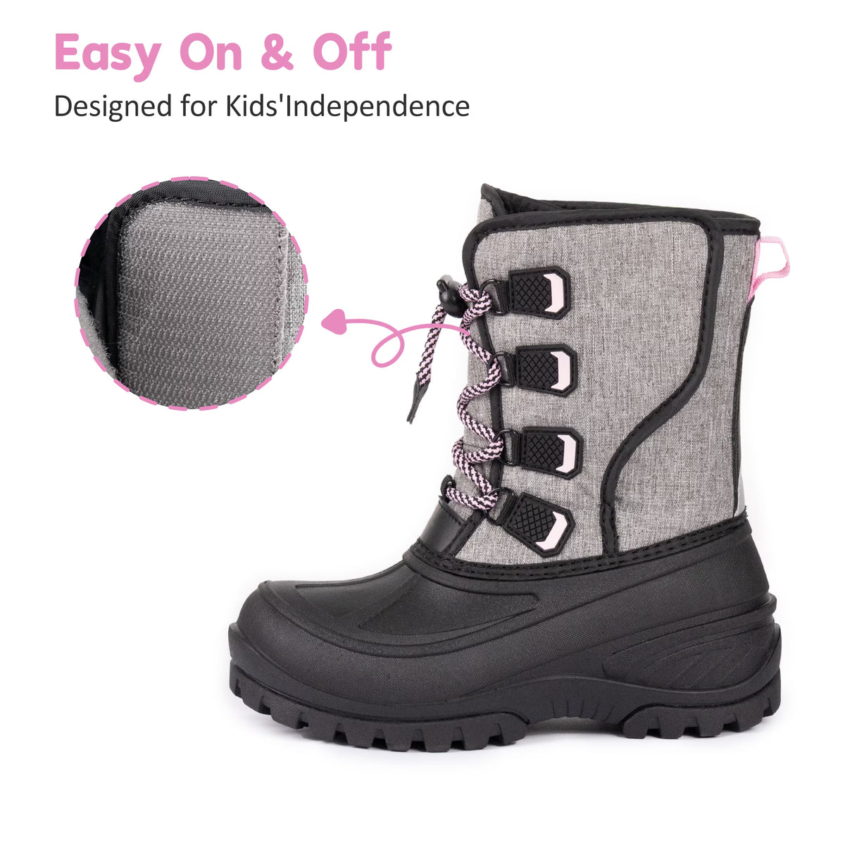 NIPAXO Girls Snow Boots Waterproof Winter Boots Grey Quilted Fabric Upper Pink Speckled Bungee Lacing Outdoor Winter Boots for Kids