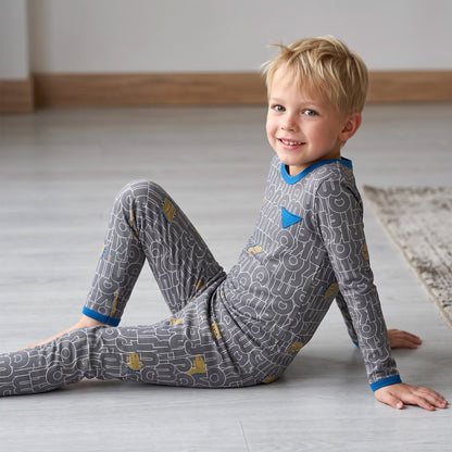NIPAXO Boys Pajamas Set Long Sleeve Dinosaur Letter Print Casual Sleepwear with Blue Trim for Toddler Little Boys