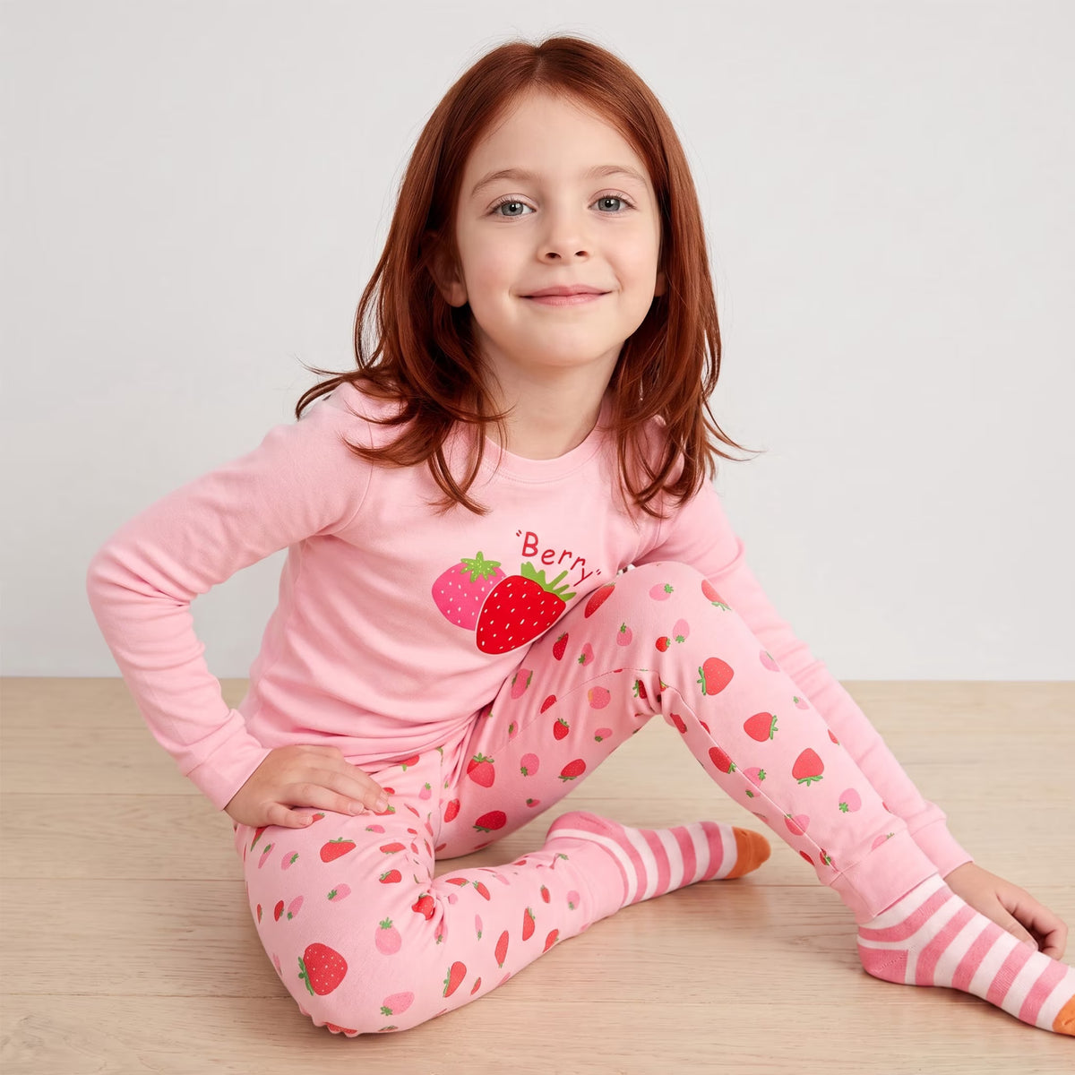 NIPAXO Girls Pajamas Set Long Sleeve Cute Strawberry Print Casual Sleepwear with Pink Base for Toddler Little Girls