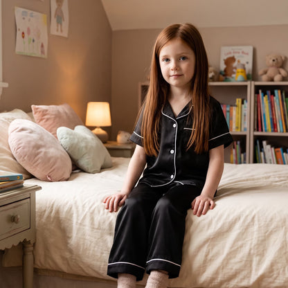 NIPAXO Girls Pajamas Set Short Sleeve Button-Down Solid Black Piping Long Pants Sleepwear Satin for Kids