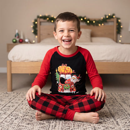 NIPAXO Kids Christmas Pajamas Set Long Sleeve Santa Driving Car & Buffalo Plaid Buffalo Sleepwear with Red Trim for Toddler Boys Girls