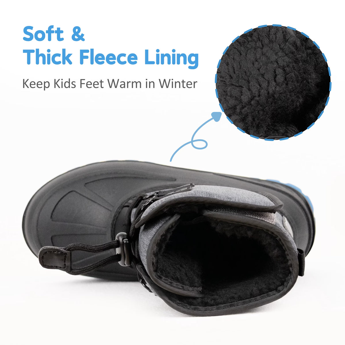 NIPAXO Kids Snow Boots Waterproof Winter Boots Grey and Black Blue Outsole Bungee Lacing Outdoor Cold Weather Shoes for Boys Girls