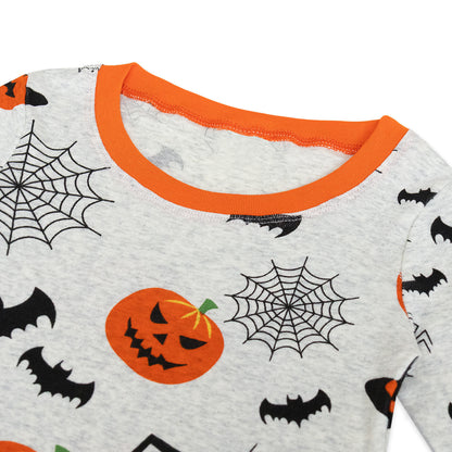 NIPAXO Halloween Boys Pajamas Set,Soft Cotton Long Sleeve Pumpkin Bat Print Ribbed Sleepwear Kids