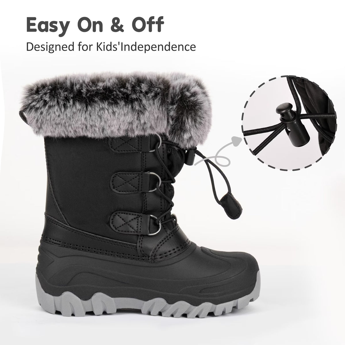 NIPAXO Kids Snow Boots Waterproof Winter Boots All Black Faux Fur Collar Bungee Lacing Outdoor Cold Weather Winter Boots for Boys Girls