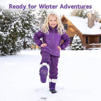 NIPAXO Kids Snow Boots Waterproof Purple and Black White Faux Fur Collar Classic Lace-Up Winter Boots for Boys Girls