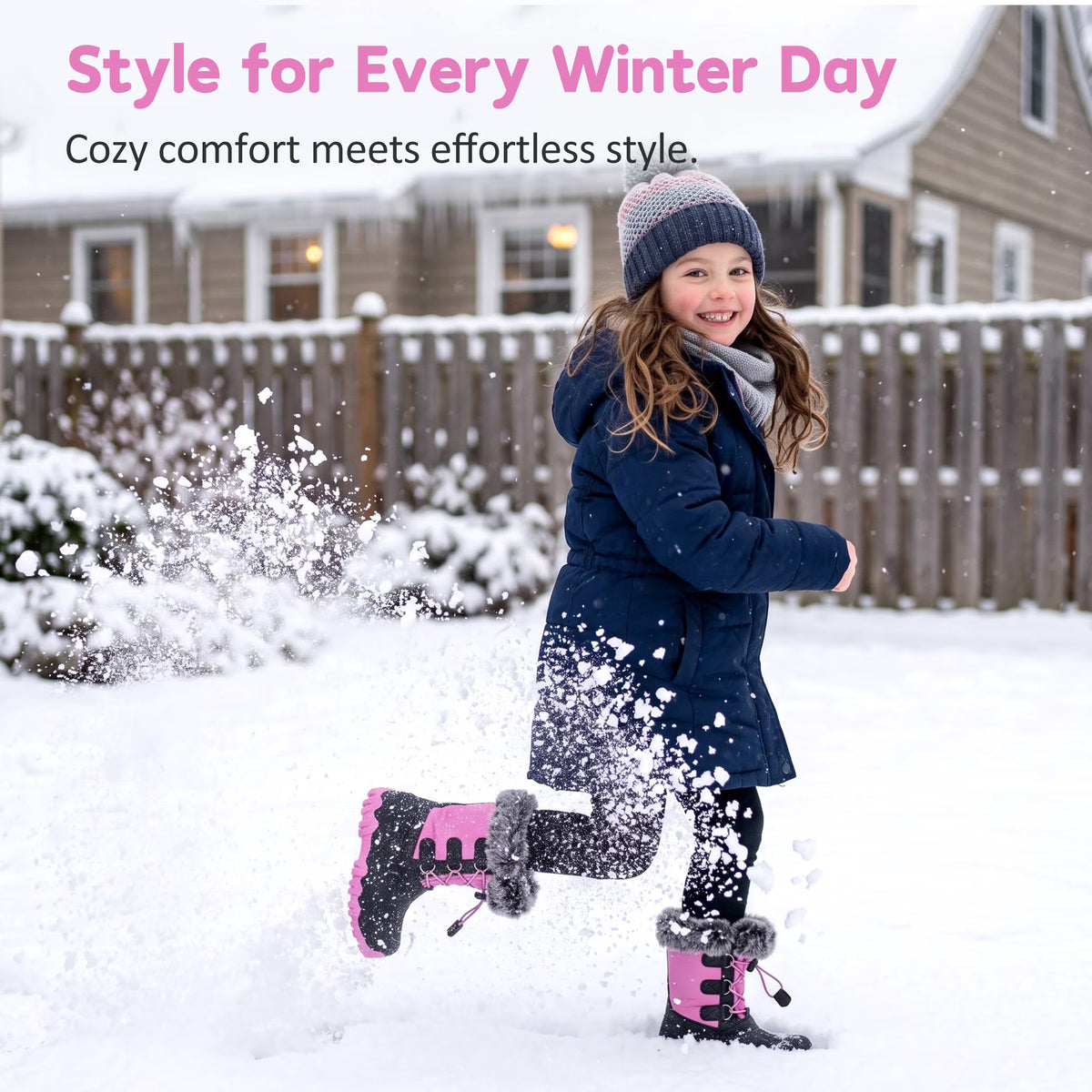 NIPAXO Girls Snow Boots Waterproof Winter Boots Hot Pink and Black Faux Fur Pom-Pom Collar Bungee Lacing Outdoor Winter Boots for Kids