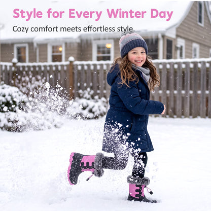 NIPAXO Girls Snow Boots Waterproof Winter Boots Hot Pink and Black Faux Fur Pom-Pom Collar Bungee Lacing Outdoor Winter Boots for Kids