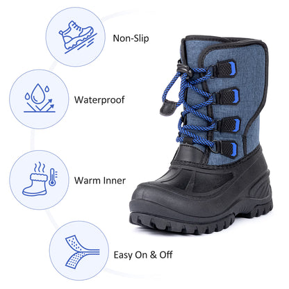 NIPAXO Kids Snow Boots Waterproof Winter Boots Blue Textured Fabric Upper Bungee Lacing Slip Resistant Outdoor Winter Boots for Boys Girls