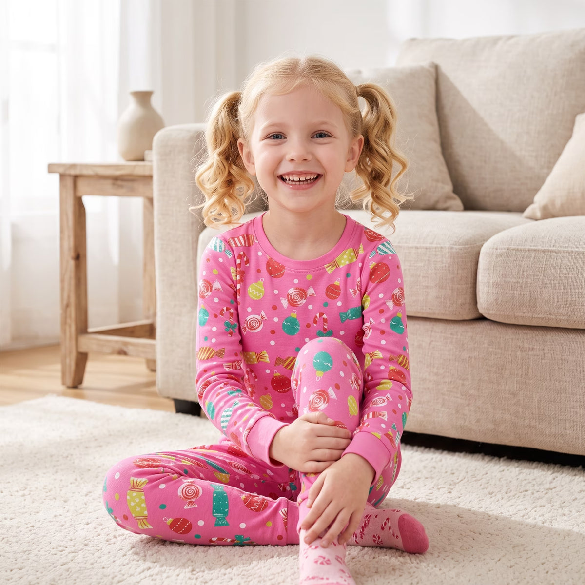 NIPAXO Girls Pajamas Set Soft Cotton Sweet Candy Cane Print Long Sleeve Top with Matching Pants for Kids