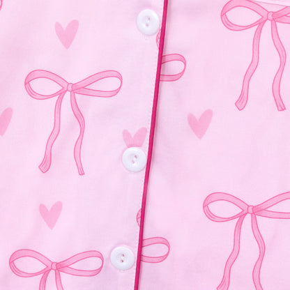 NIPAXO Girls Pajama Set Long Sleeve Button-Down Top and Pants Soft Satin Cute Pink Bows Hearts Print Loose Sleepwear
